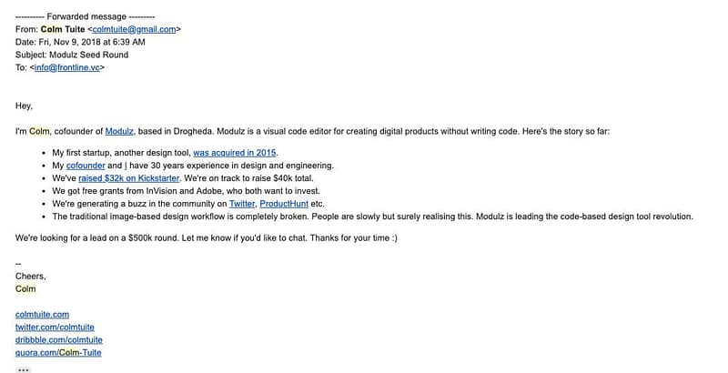 Colm Tuite's cold email outreach to Frontline Ventures